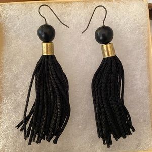 Vintage Black Tassel Earrings, Black and Gold